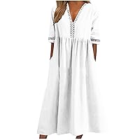 Linen Dress for Women Lace Trim V Neck Short Sleeve T Shirt Dresses Plus Size Pleated Loose Fit Tunic Midi Dress