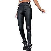 Womens Faux Leather Pants PU Coated Legging Women's Faux Leather High Waist Button Tights