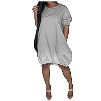 Women's Casual Dress Gradient Color Crewneck Loose Fit Baggy Knee Length Short Sleeve Midi Dress Shirt Dress