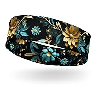 3D Gold Blue Flowers Headband Elastic Turban Hair Band Yoga Sports Head Wraps for Mens Womens and Girls Hair Accessories