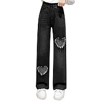 FEESHOW Girl's High Waisted Wide Leg Jeans Coolgirls Casual Loose Fit Baggy Ripped Denim Pants with Drawstring