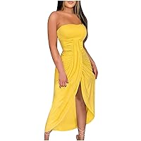 Strapless Dress for Women Sleeveless Beach Sundress Sexy Bandeau Tube Top Dress Ruched High Split Bodycon Maxi Dress