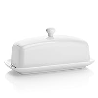 Sweese Butter Dish with Lid, Porcelain Butter Keeper, 7.8 Inch Butter Holder with Handle Cover, Butter Container Perfect for East West Coast Butter, White
