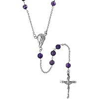 Sterling Silver 4mm Genuine Rosary Necklace Mother Mary & Sacred Heart of Jesus Center 26 inch