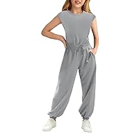 Haloumoning Girls Jumpsuits Kids Fashion Crewneck Elastic Waist Long Pants Rompers with Pockets 5-14 Years