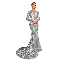 V Neck Long Sleeve Sequin Prom Dress for Women 2024 Mermaid Long Tight Sparkle Formal Evening Party Dress