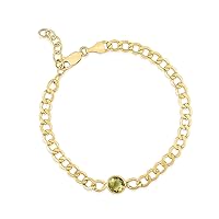 14k Yellow Gold 6mm Peridot Curb Chain Bracelet With Lobster Clasp and Including 1 Inch Extender. Jewelry Gifts for Women