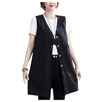 Summer Women V-Neck Sleeveless Vest Cotton Linen Open Stitch Solid Color Casual Loose Vest Jacket
