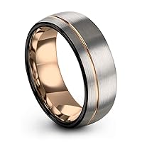 Tungsten Wedding Band Ring 8mm for Men Women 18k Rose Yellow Gold Plated Dome Off Set Line Black Grey Brushed Polished