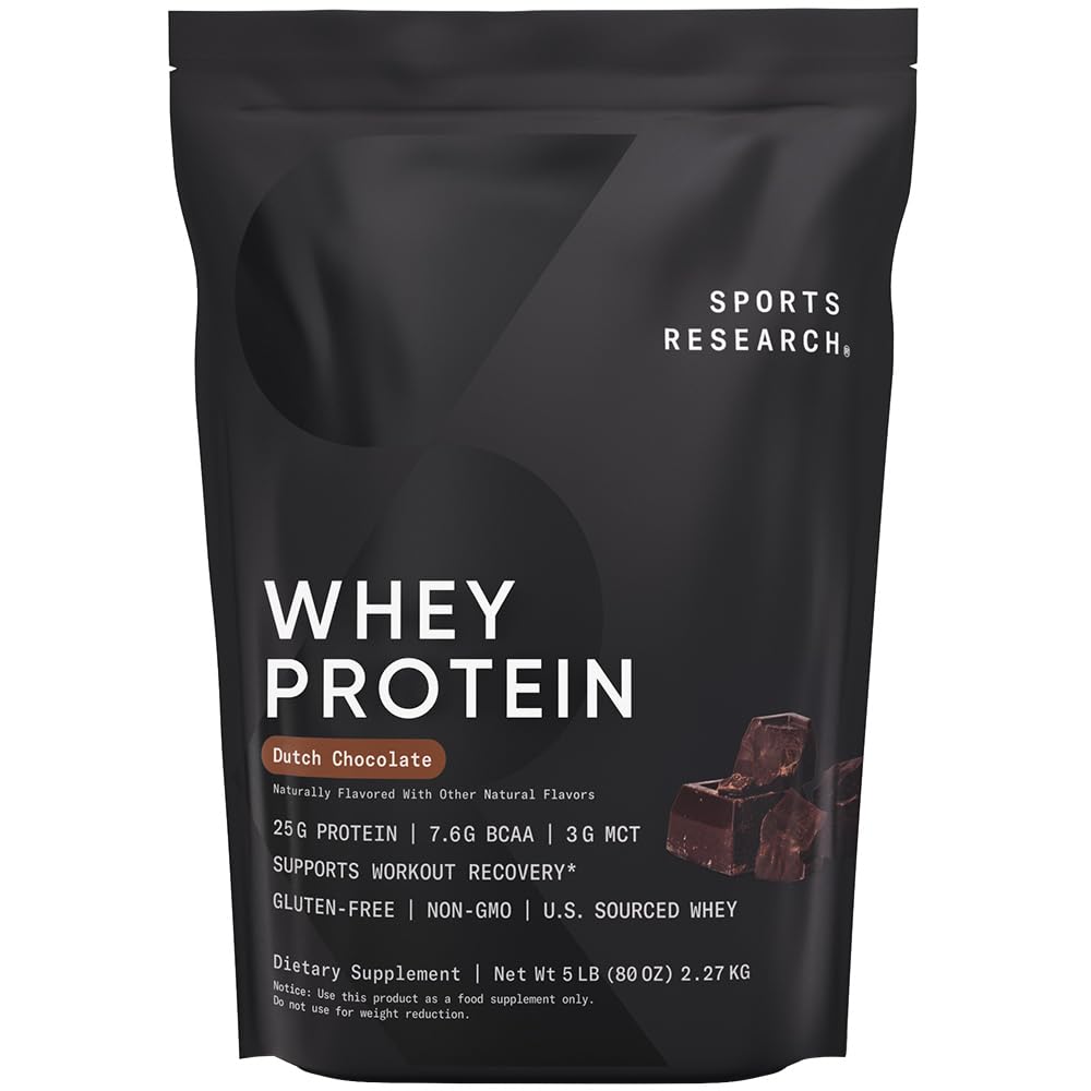 Sports Research Whey Protein - Sports Nutrition Whey Isolate Protein Powder for Lean Muscle Building & Workout Recovery - 5 lb Bag Bulk Protein Powder 25g per Serving - Dutch Chocolate, 56 Servings