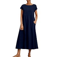Short Sleeve Dresses for Women 2024 O-Neck Dress Casual Comfy Cotton Linen Tunic Beach with Pockets Summer, S XXL