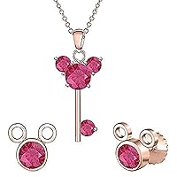 Created Round Cut Ruby Gemstone 925 Sterling Silver 14K Rose Gold Over Diamond Mickey Mouse Key Stud Earring Pendant Necklace Jewelry Set for Women's & Girl's