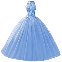 Halter Quinceanera Dresses Tulle with Lace Appliques Long Ball Gown Sweet 16 Dress for Juniors