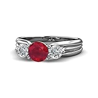 Ruby and Diamond Three Stone Ring with Thick Shank 1.42 ct tw in 14K Gold
