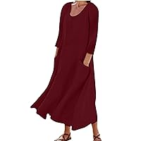 Summer Sundresses for Women 2024 Maxi, Summer Casual Womens 3 of 4 Sleeve Crew Neck Loose Boho Dress with Pock