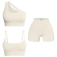 OQQ Women's 3 Piece Outfits Ribbed Seamless Exercise Scoop Neck Sports Bra One Shoulder Tops High Waist Shorts Active Set
