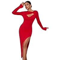 PRIVIMIX Women’s Long Sleeve Cutout Midi Dress Twist Front Slit Sexy Bodycon Fall Cocktail Dresses