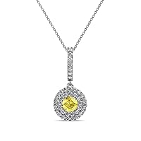 Yellow Sapphire & Natural Diamond Halo Pendant 0.51 ctw 14K White Gold. Included 18 Inches Gold Chain.