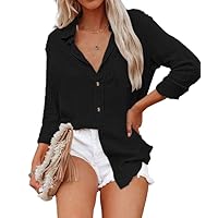 Women's Cotton Blouse Casual Button Down Shirts V Neck Tops Fashion Work Clothes for Women Black
