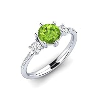 Peridot Round 6.00mm Three Stone Ring With Accents | Sterling Silver 925 With Rhodium Plated | Wedding, Anniversary And Engagement Collection.