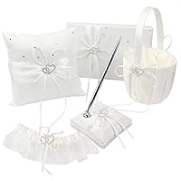 Five Wedding Accesorries Sets Ivory Wedding Guest Wedding Ceremony Supplies Party Favor Sets Wedding Flower Girl Basket Guest Book Pen with Ring Pillow and Garter