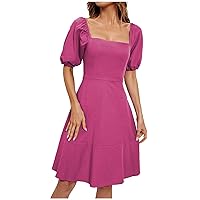 Square Neck Midi Dresses for Women Summer 2024 Cute Puff Sleeve Bodycon Dresses Slim Fitted Casual Lightweight Prom Dresses