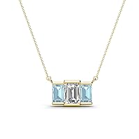 Emerald Cut GIA Certified Natural Diamond & Aquamarine 1 1/8 ctw Women Three Stone Pendant Necklace 14K Gold
