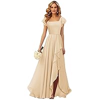 Champagne Bridesmaid Dresses Ruffle Square Neck Chiffon Short Sleeve Formal Party Evening Dress with Slit Size 8