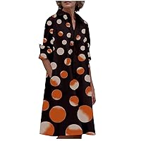 Fashion Polka Dots Button Down Lapel Shirt Dress for Women Long Sleeve Dressy Casual Loose Fit Tunic Pockets Dress