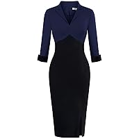 MUXXN Women's Vintage 3/4 Sleeve V Neck Midi Colorblock Business Formal Work Bodycon Pencil Dresses