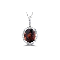 January Birthstone - Diamond Accented Garnet Solitaire Pendant AAA Oval Checkered Shape in Platinum Available from 7x5mm - 14x10mm