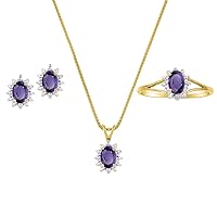 Rylos Matching Jewelry For Women 14K Yellow Gold - February Birthstone- Ring, Earrings & Necklace Amethyst 6X4MM Color Stone Gemstone Jewelry For Women Gold Jewelry