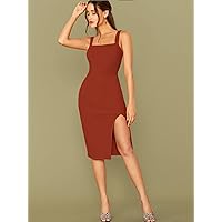 Summer Dresses for Women 2022 Slit Knee-Length Bodycon Dress Dresses for Women (Color : Brown, Size : Small)