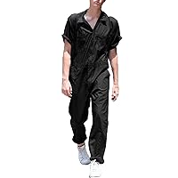 Men's Cotton Linen Button Short Sleeve One Piece Jumpsuits Loose Fit Solid Color Playsuits Romper Coverall with Pockets