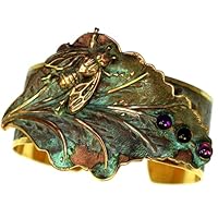 Verdigris Patina Brass Bumblebee on Tropical Leaf Cuff Bracelet - Amethyst, Onyx Made in USA