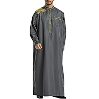 Muslim Men Long Sleeve Stand Collar Button Thobe Middle East Saudi Arab Kaftan Islamic Abaya Dress Solid Dubai Robes with Pockets Side Split Kaftan Cotton Long Gown Light Robe Men Grey M