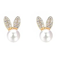 Cute CZ Pearl Rabbit Earrings for Women Girls Gold Plated Imitation Pearls Ball Stud Cartilage Post Pin Dainty Lovely Jewelry Birthday Valentine Anniversary Christmas Easter Gifts