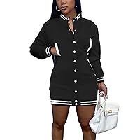 Varsity Dress Bodycon - Women Casual Mini Dresses Baseball Button Down Long Sleeve Cardigan Pockets Party Streetwear