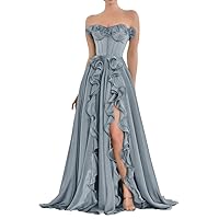 Tsbridal Women's Chiffon Prom Dresses A Line Long with Slit Ruffle Formal Party Gowns