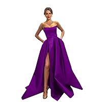 MllesReve Womens Long Strapless Satin Prom Dress Sleeveless Slit Evening Ball Gown with Pockets