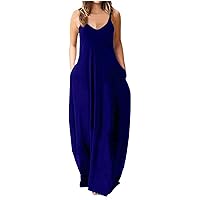 Summer Classic Maxi Beach Sun Dress for Women Plus Size Casual Baggy Spaghetti Strap Solid Cami Dresses with Pockets