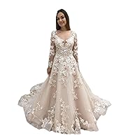 Plus Size Illusion Sequins Applique Lace Bridal Ball Gowns Train Wedding Dresses for Bride 2023 Long Sleeve