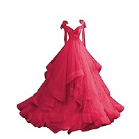 CWOAPO Layered Ruffles Tulle Prom Dress Spaghetti Straps Ball Gowns Long V Neck Bow Princess Quinceanera Dresses