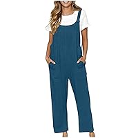 Women's Casual Cotton and Linen Overalls Loose Button Straps Pocket Solid Color Rompers Summer Comfy Wide Leg Jumpsuits