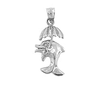 18K White Gold Dolphin With Umbrella Pendant, Made in USA