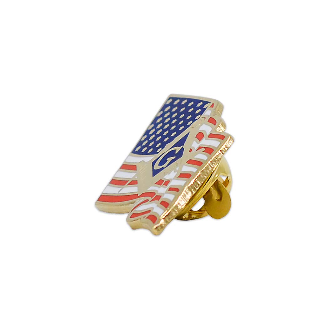 Waving American Flag with Square & Compass Masonic Lapel Pin - [Gold & Red][7/8'' Tall]