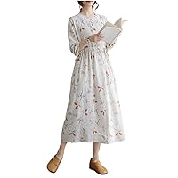 Print Floral Long Sleeve Prairie Chic Cotton Linen Autumn Dress Lady Work Women Spring Casual