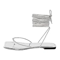 Women's Rhinestone Lace Up Flat Sandals Gladiator Thong Sandals Glitter Ankle Strap Square Open Toe Summer Shoes