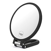 Magnifying Handheld Mirror Double Sided, 1X 15X Magnification Hand Mirror, Travel Folding Held Adjustable Rotation Pedestal Makeup Desk Vanity