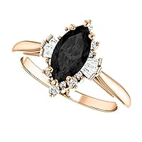 1.50 CT Halo Black Marquise Ring 14k Rose Gold, Halo Marquise & Baguette Black Onyx Ring, Unique Marquise Black Diamond Engagement Ring, Wedding Ring For Her